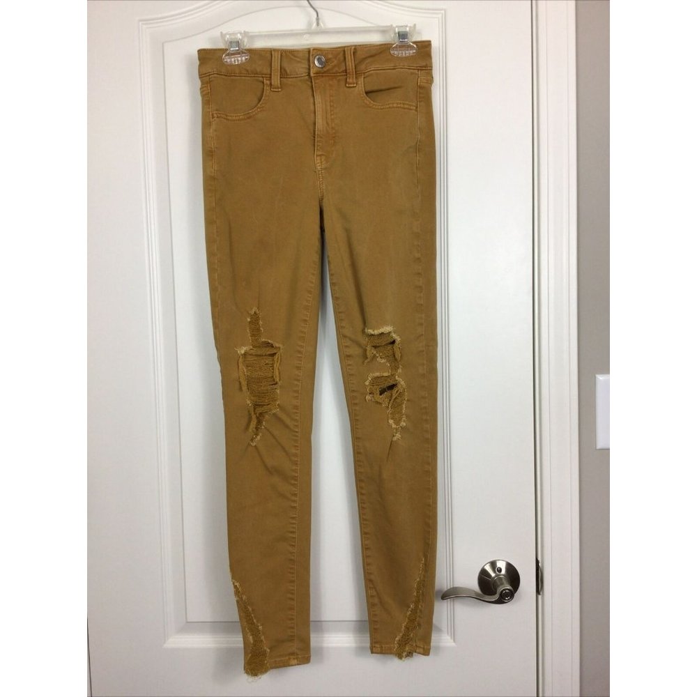 American Eagle Next Level Stretch Mustard Distressed Hi-Rise Jegging Pan…